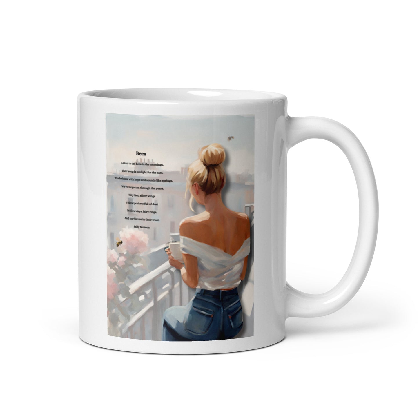 'Bees' white glossy mug with impressionist style artwork and original poem by writer Sally Meeson