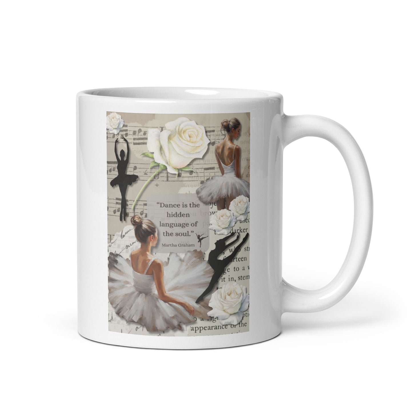 'Dance' white glossy mug with impressionist oil style artwork and quote from dancer Martha Graham