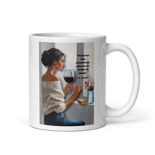 'Cheese' white glossy mug with impressionist style artwork and quote by author G.K. Chesterton