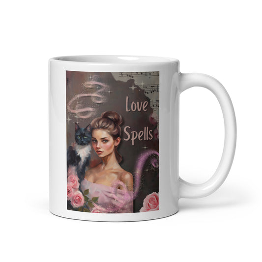 'Love Spells' white glossy mug with impressionist oil style artwork