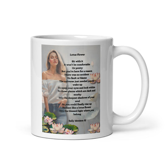 'Lotus Flower' white glossy mug with impressionist style artwork and original poem by writer Sally Meeson