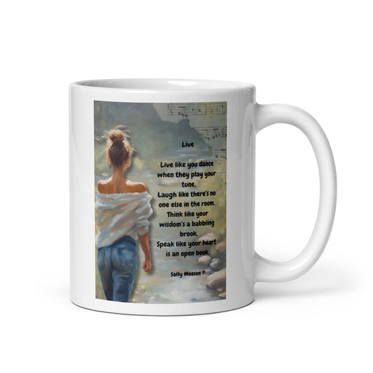 'Live' white glossy mug with impressionist oil style artwork and original poem by writer Sally Meeson