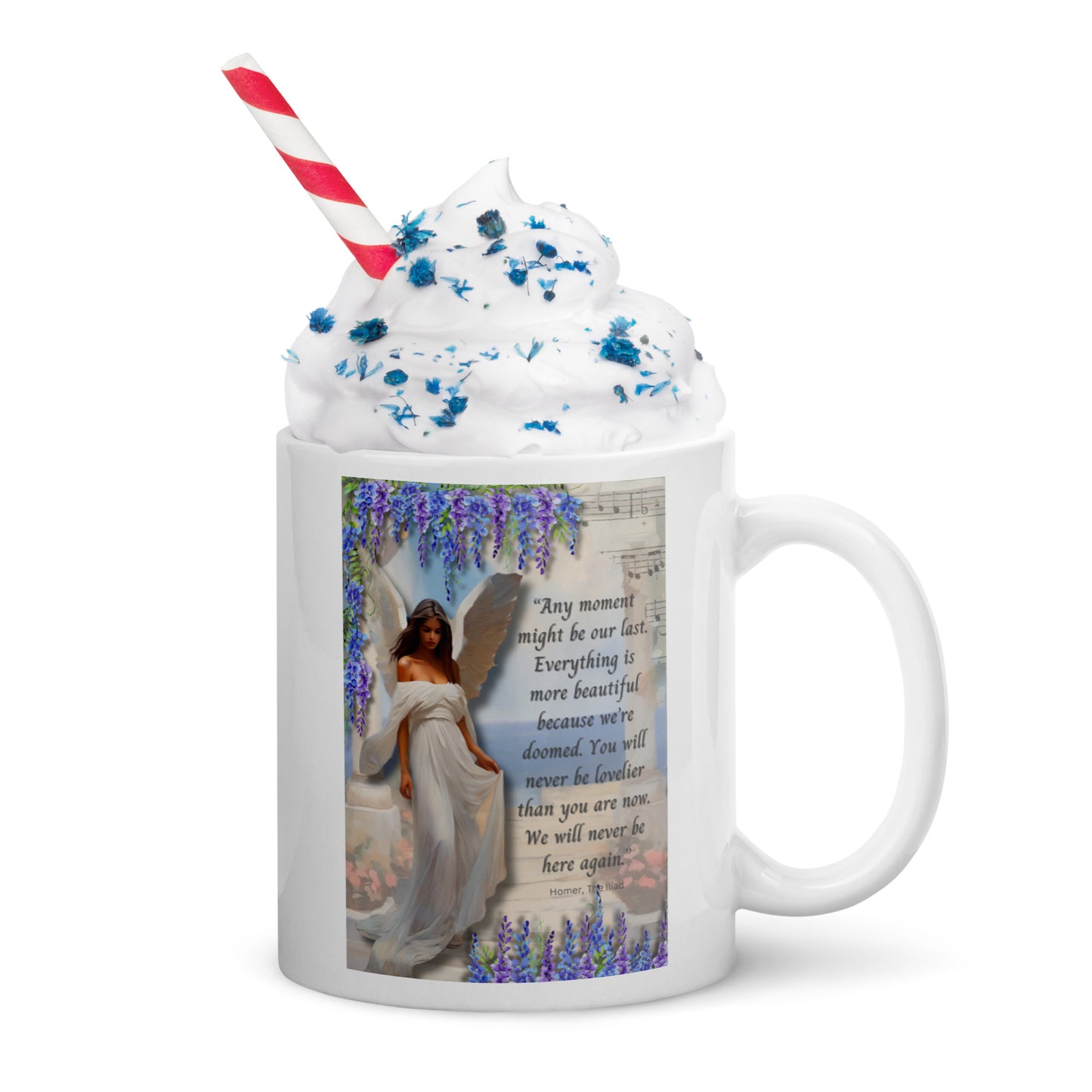 'Moments' white glossy mug with impressionist style artwork and quote from Homer's The Iliad