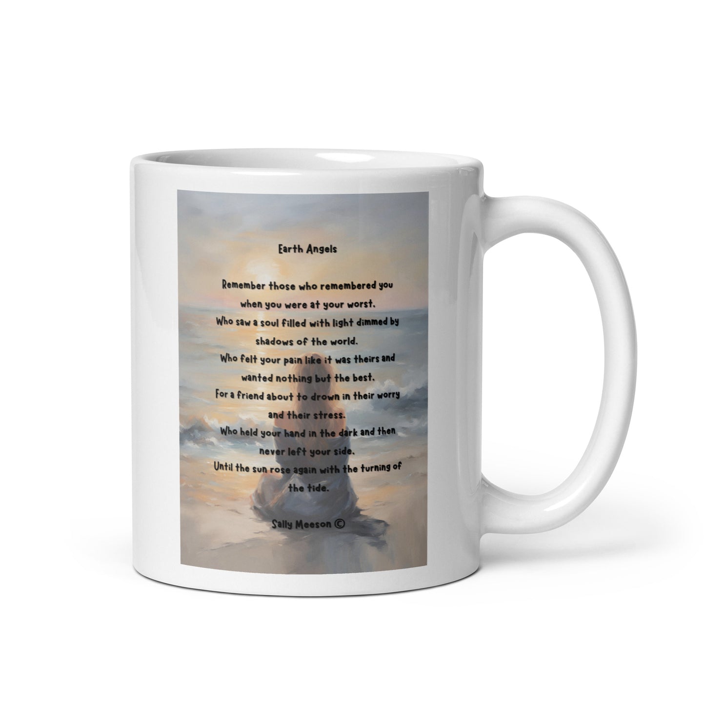 'Earth Angels' white glossy mug with impressionist oil style artwork and original poem by writer Sally Meeson