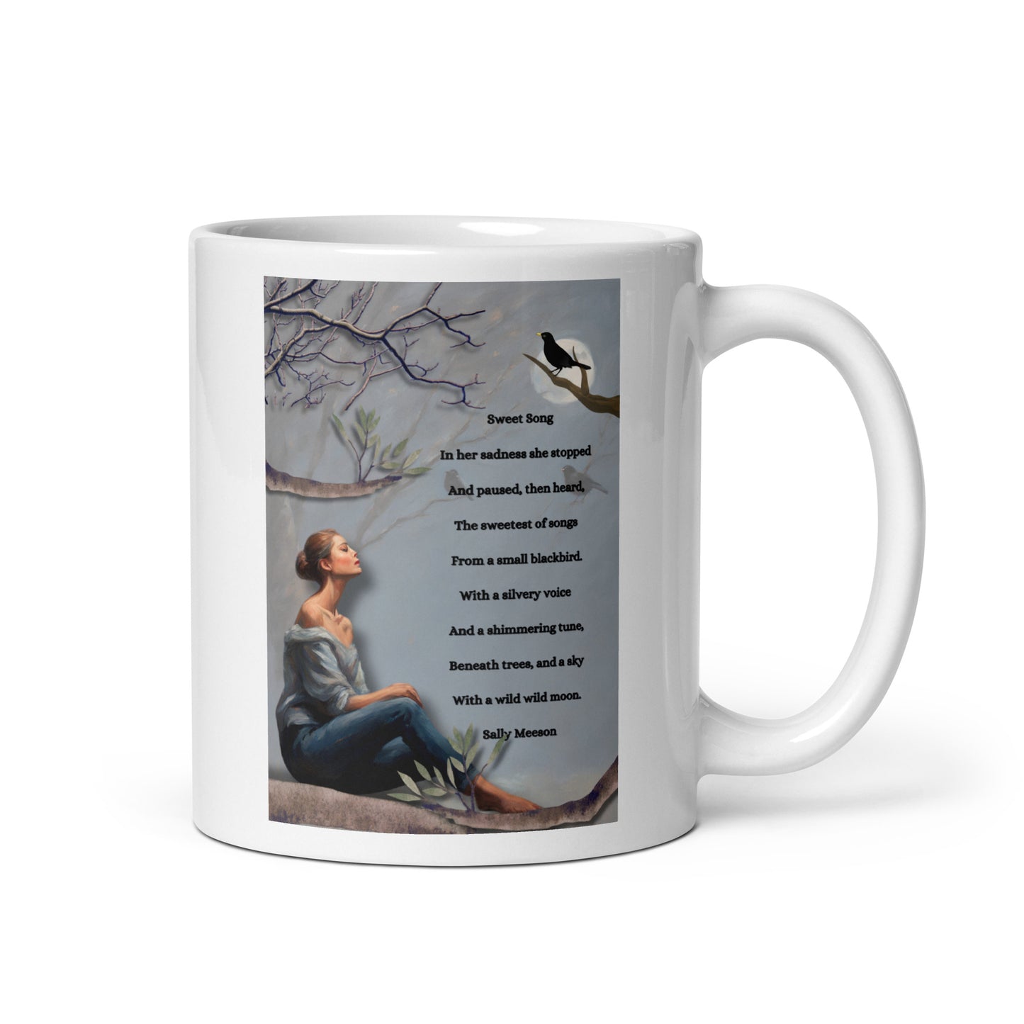 'Sweet Song' white glossy mug with impressionist oil style artwork and original poem by writer Sally Meeson