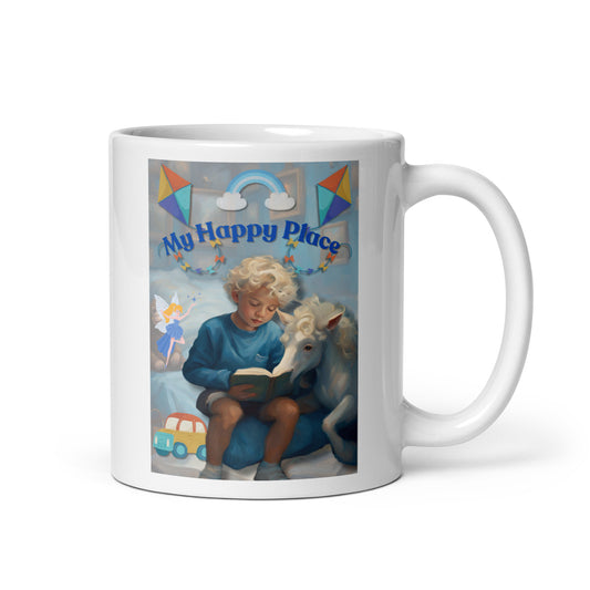 'My Happy Place' child's white glossy mug with blue impressionist oil style artwork