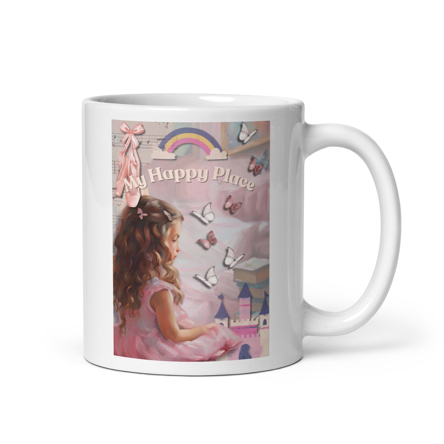 'My Happy Place' white glossy mug with pink impressionist oil style artwork