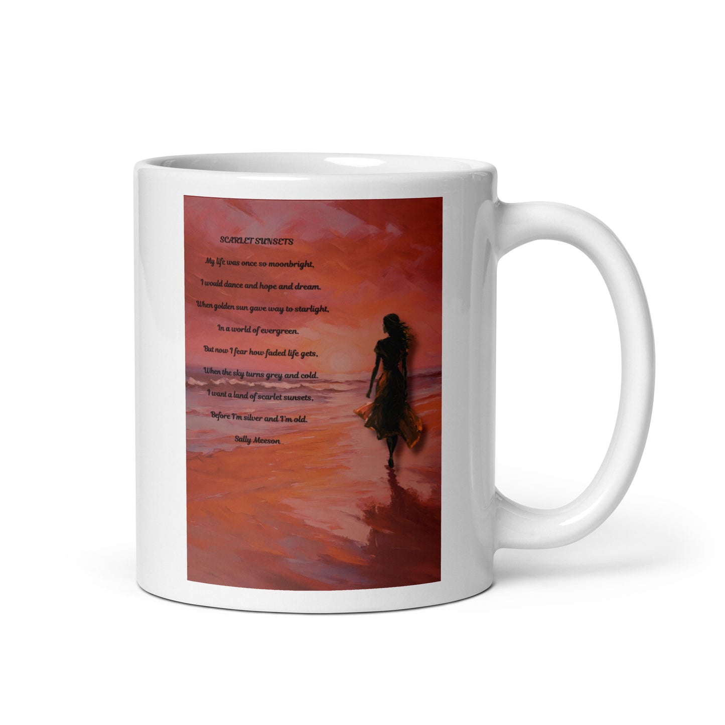'Scarlet Sunsets' white glossy mug with impressionist style artwork and original poem by writer Sally Meeson
