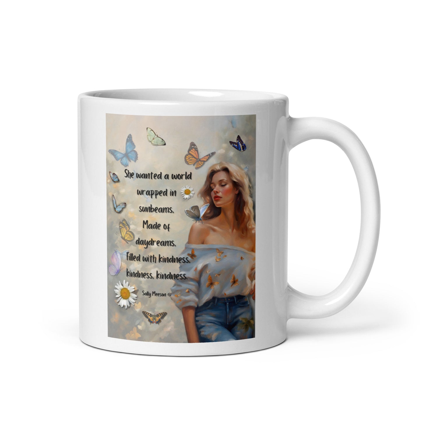 'Kindness' white glossy mug with impressionist oil style artwork and quote by writer Sally Meeson