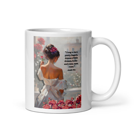 'Roses' white glossy mug with impressionist style artwork and quote by diarist Anaïs Nin