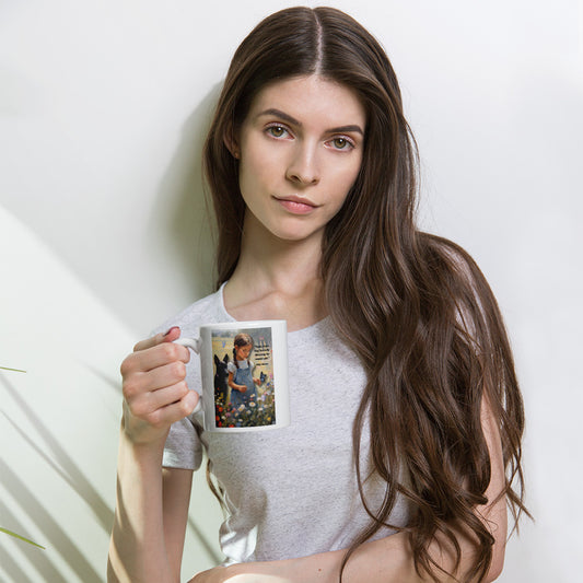 'Tiny Butterfly' white glossy mug with impressionist oil style artwork and quote by writer Sally Meeson