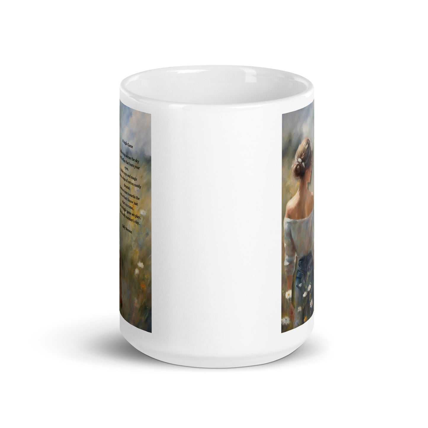 'A Fragile Game' white glossy mug with impressionist style artwork and original poem by writer Sally Meeson