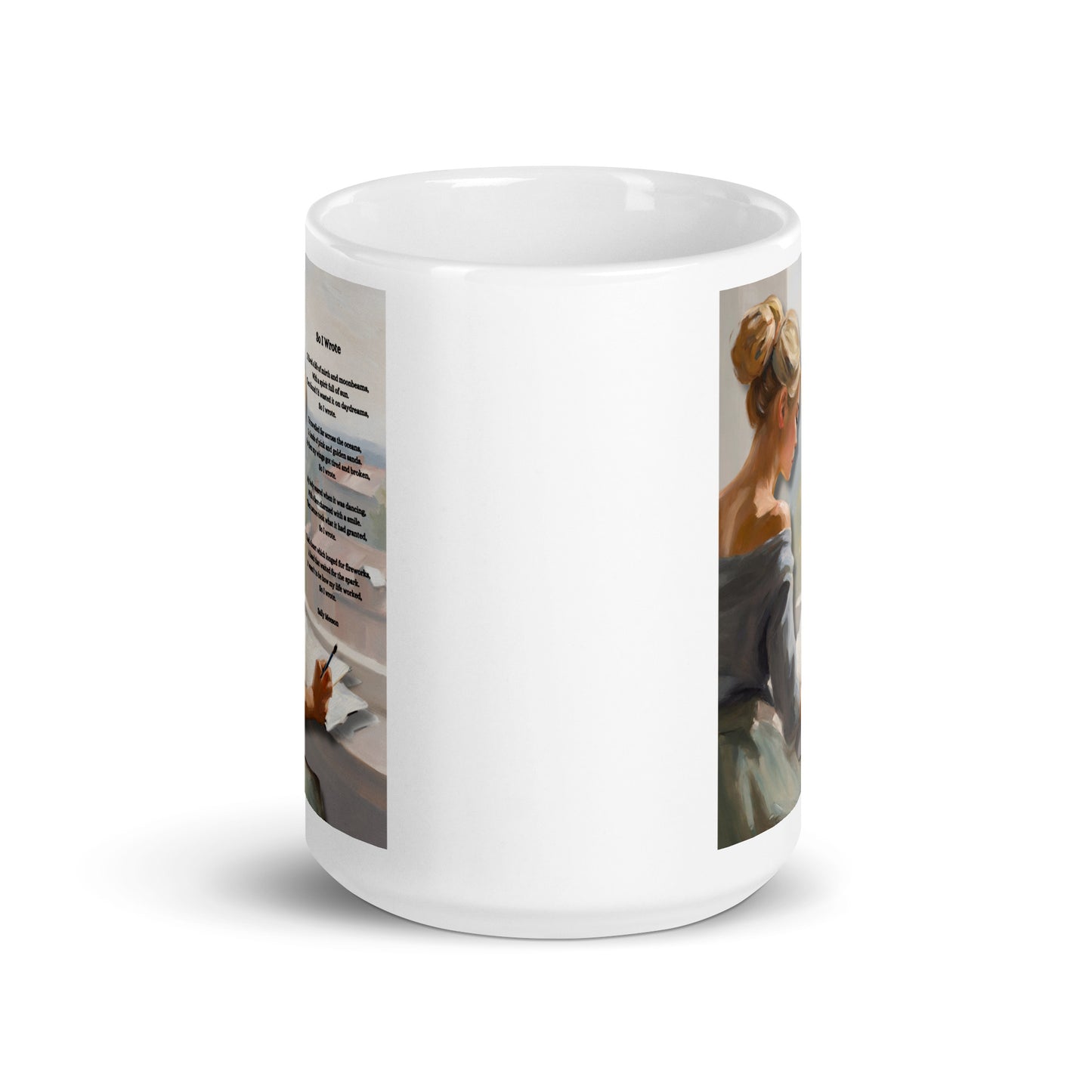 'So I Wrote' white glossy mug with impressionist style artwork and original poem by writer Sally Meeson