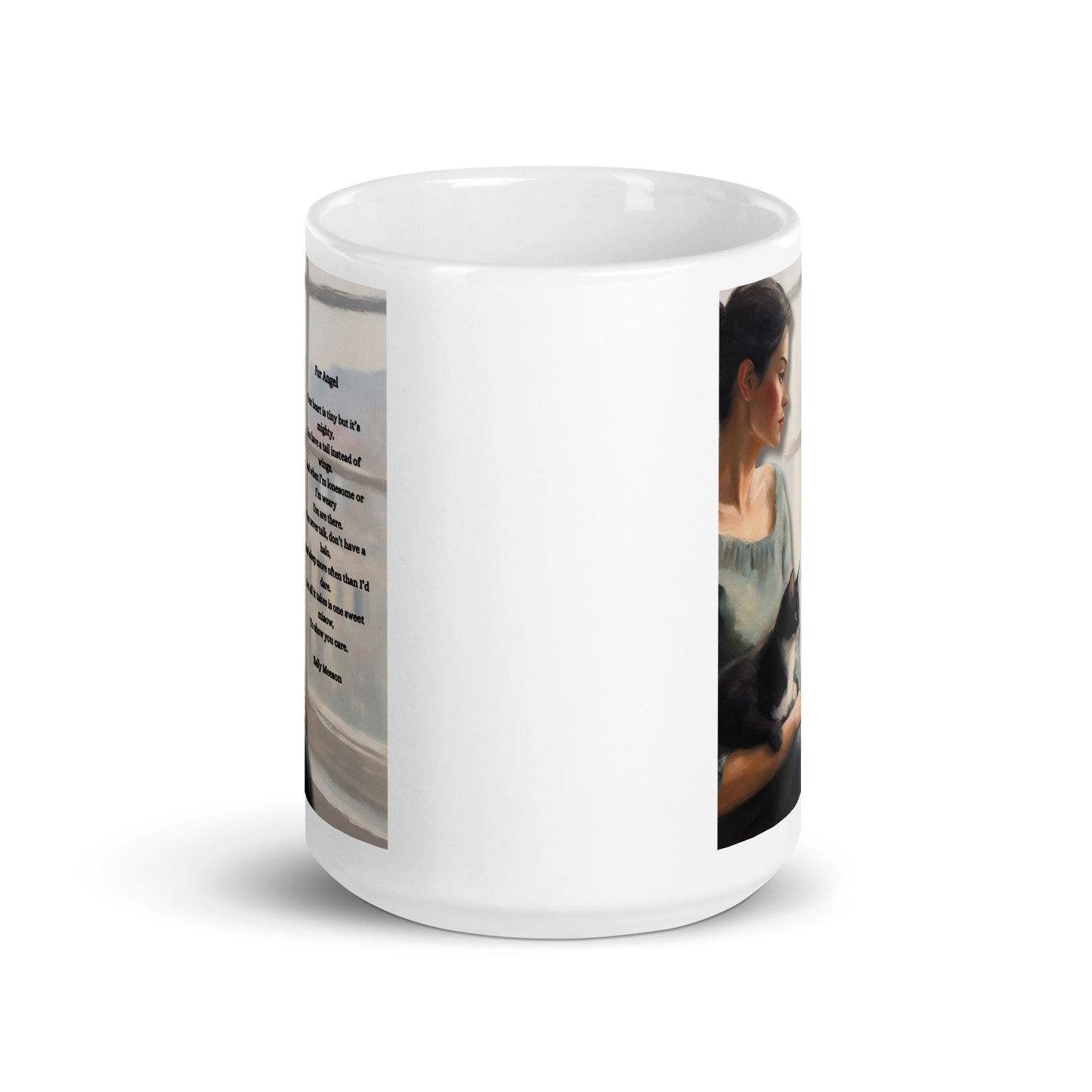 'Fur Angel' white glossy mug with impressionist oil style artwork and original poem by writer Sally Meeson