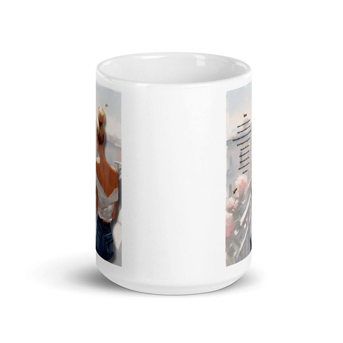 'Bees' white glossy mug with impressionist style artwork and original poem by writer Sally Meeson