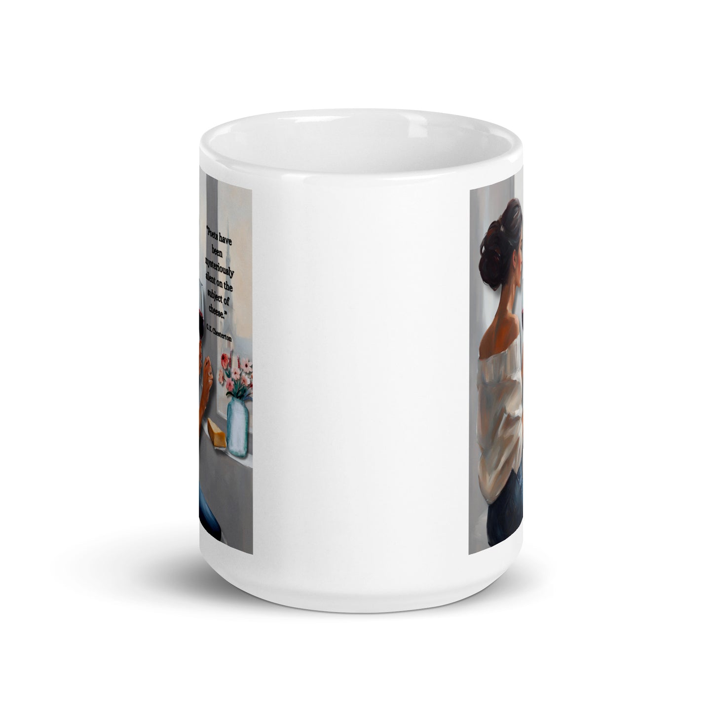 'Cheese' white glossy mug with impressionist style artwork and quote by author G.K. Chesterton