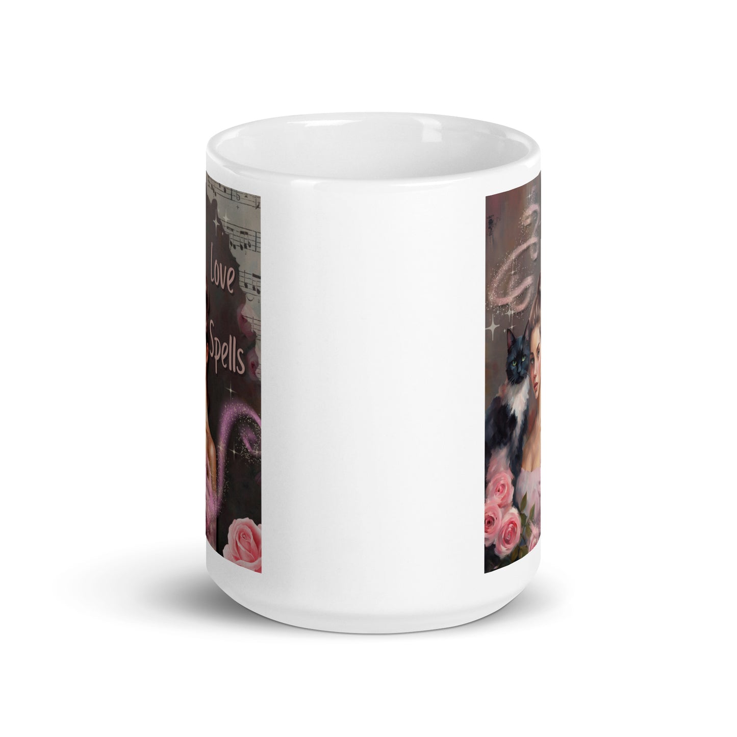 'Love Spells' white glossy mug with impressionist oil style artwork