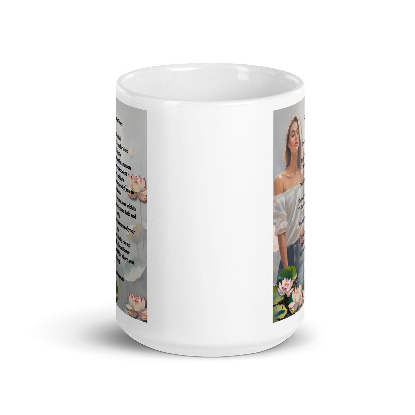 'Lotus Flower' white glossy mug with impressionist style artwork and original poem by writer Sally Meeson