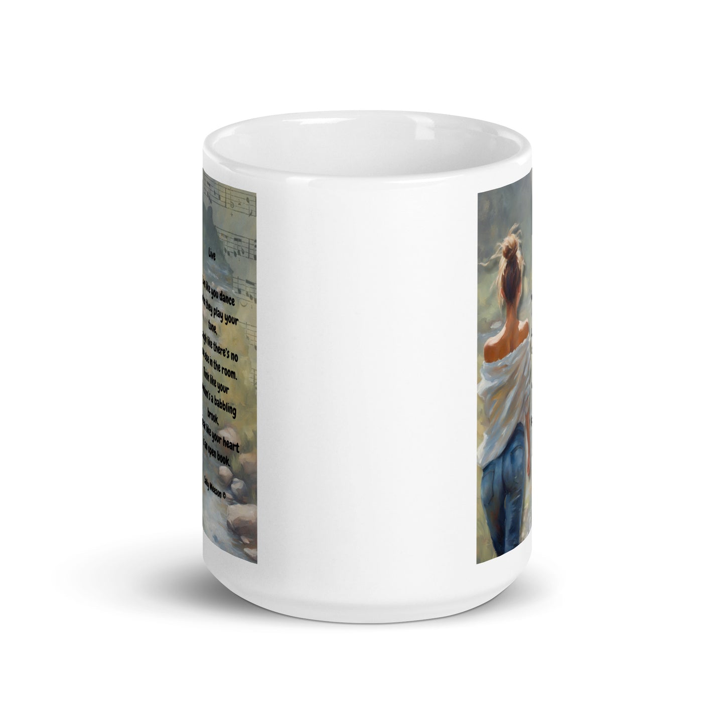 'Live' white glossy mug with impressionist oil style artwork and original poem by writer Sally Meeson