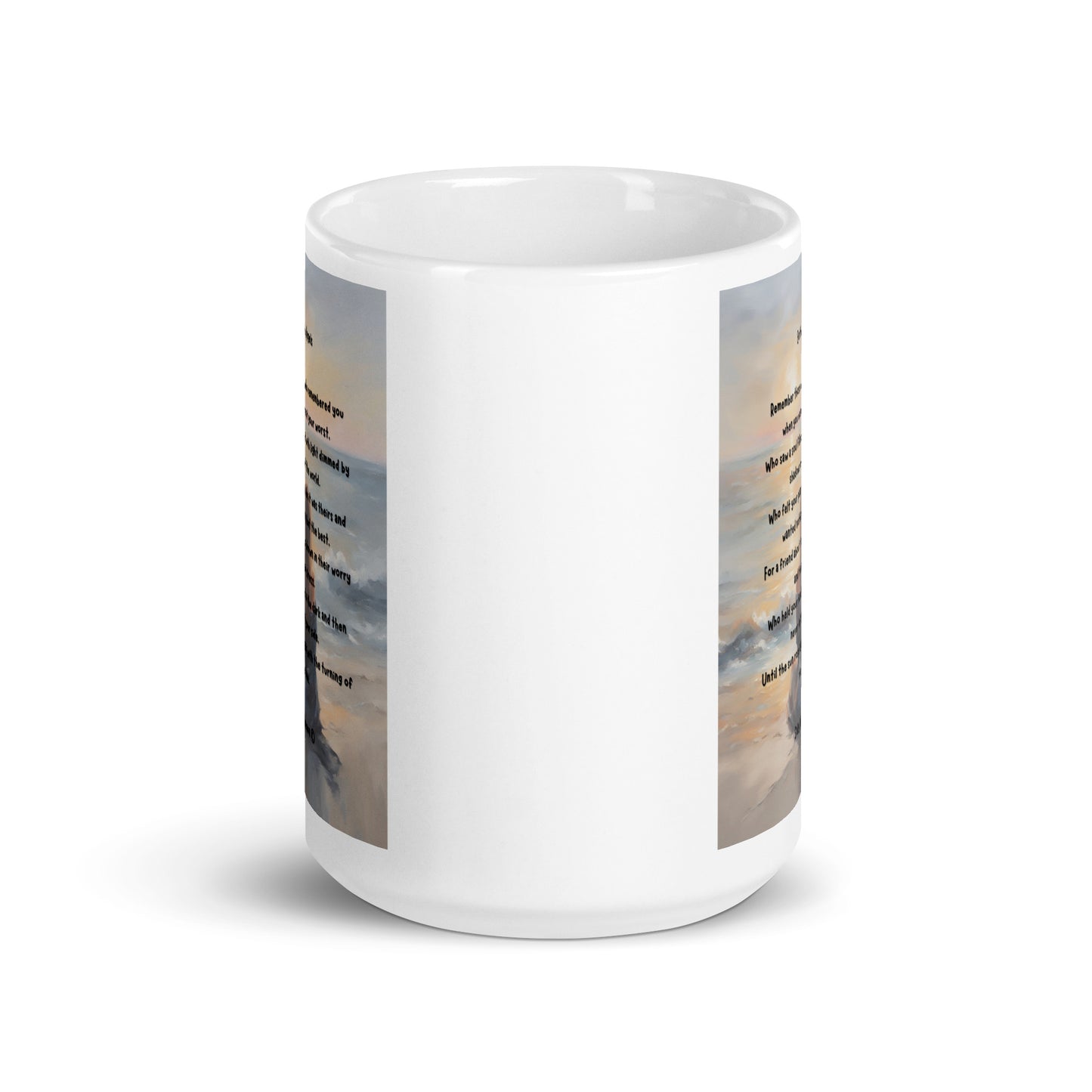 'Earth Angels' white glossy mug with impressionist oil style artwork and original poem by writer Sally Meeson