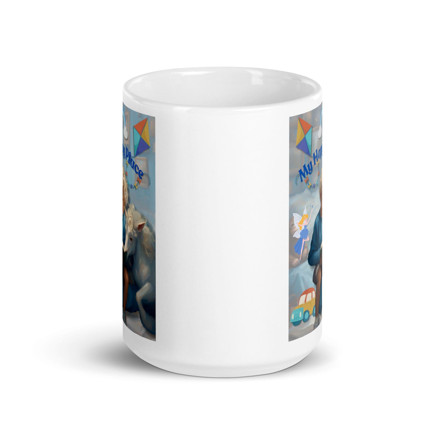 'My Happy Place' child's white glossy mug with blue impressionist oil style artwork