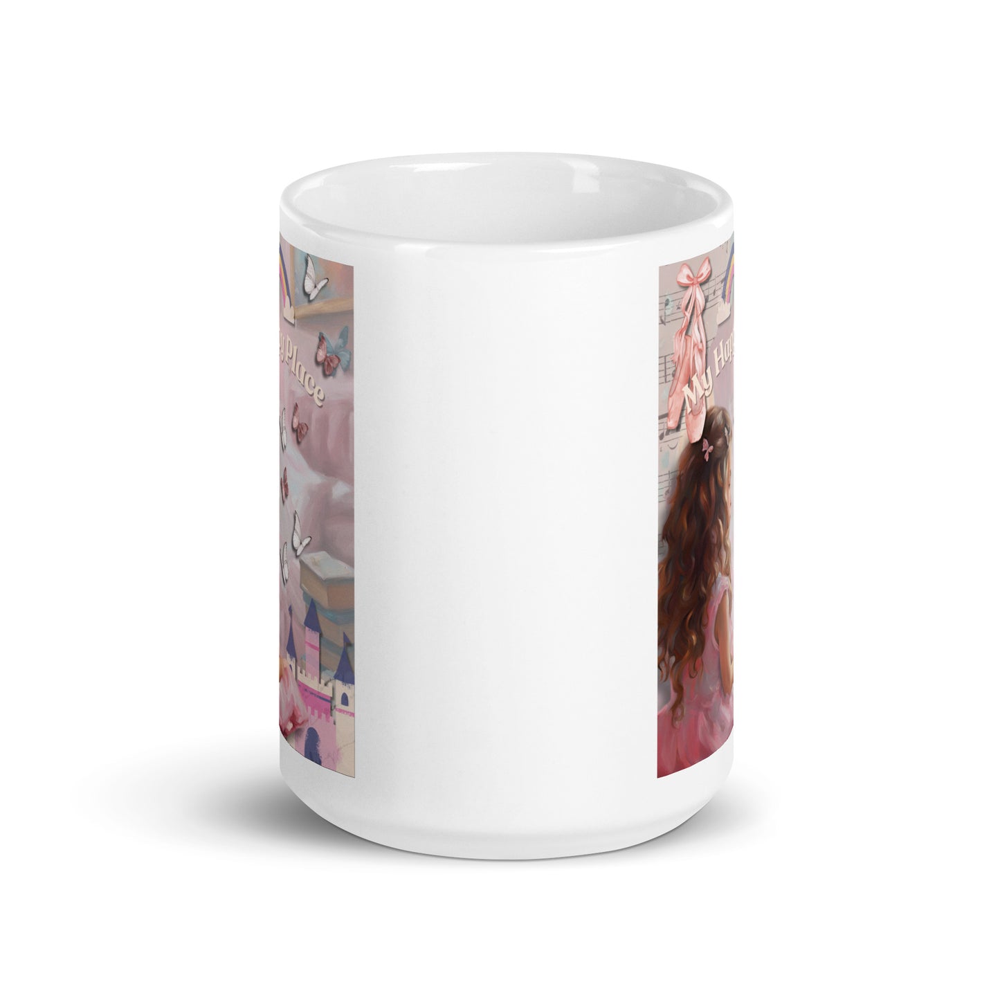 'My Happy Place' white glossy mug with pink impressionist oil style artwork