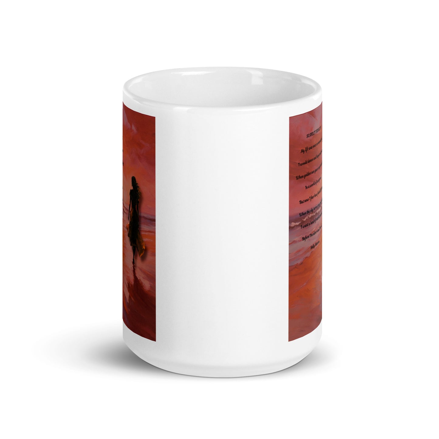 'Scarlet Sunsets' white glossy mug with impressionist style artwork and original poem by writer Sally Meeson