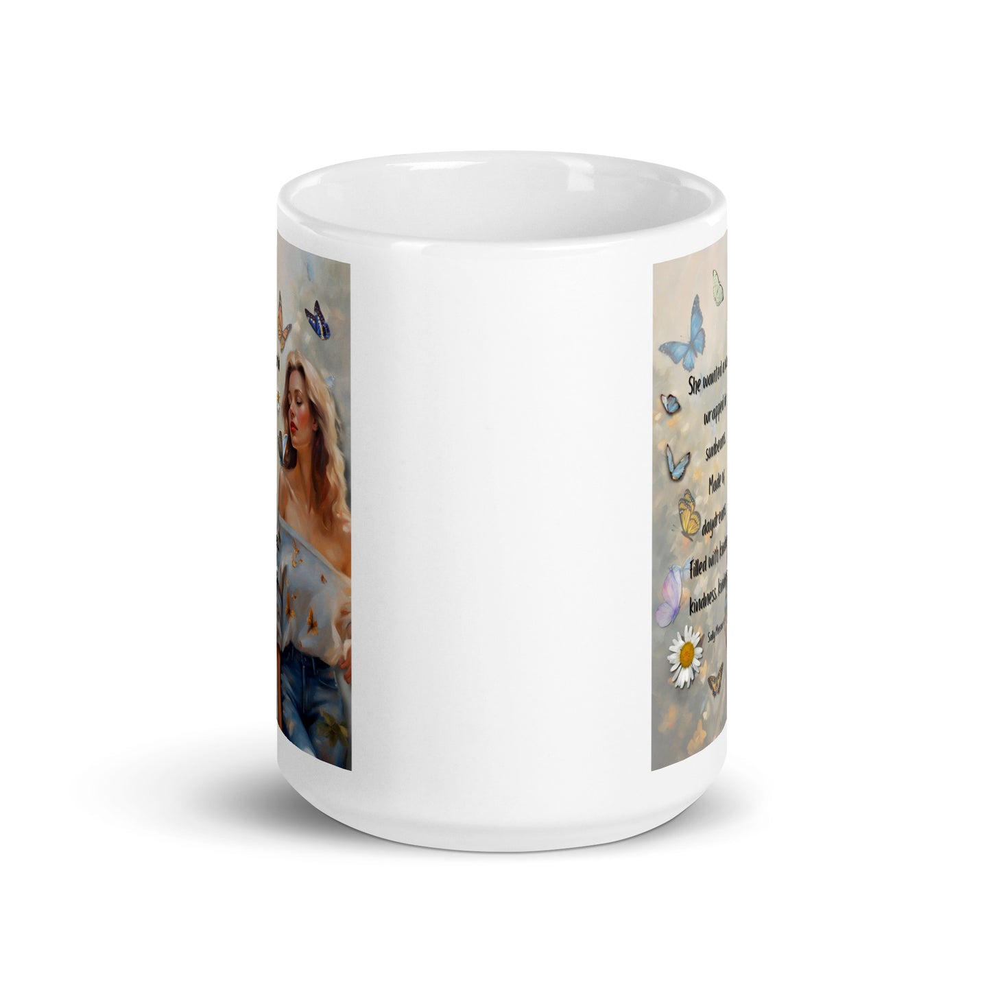 'Kindness' white glossy mug with impressionist oil style artwork and quote by writer Sally Meeson