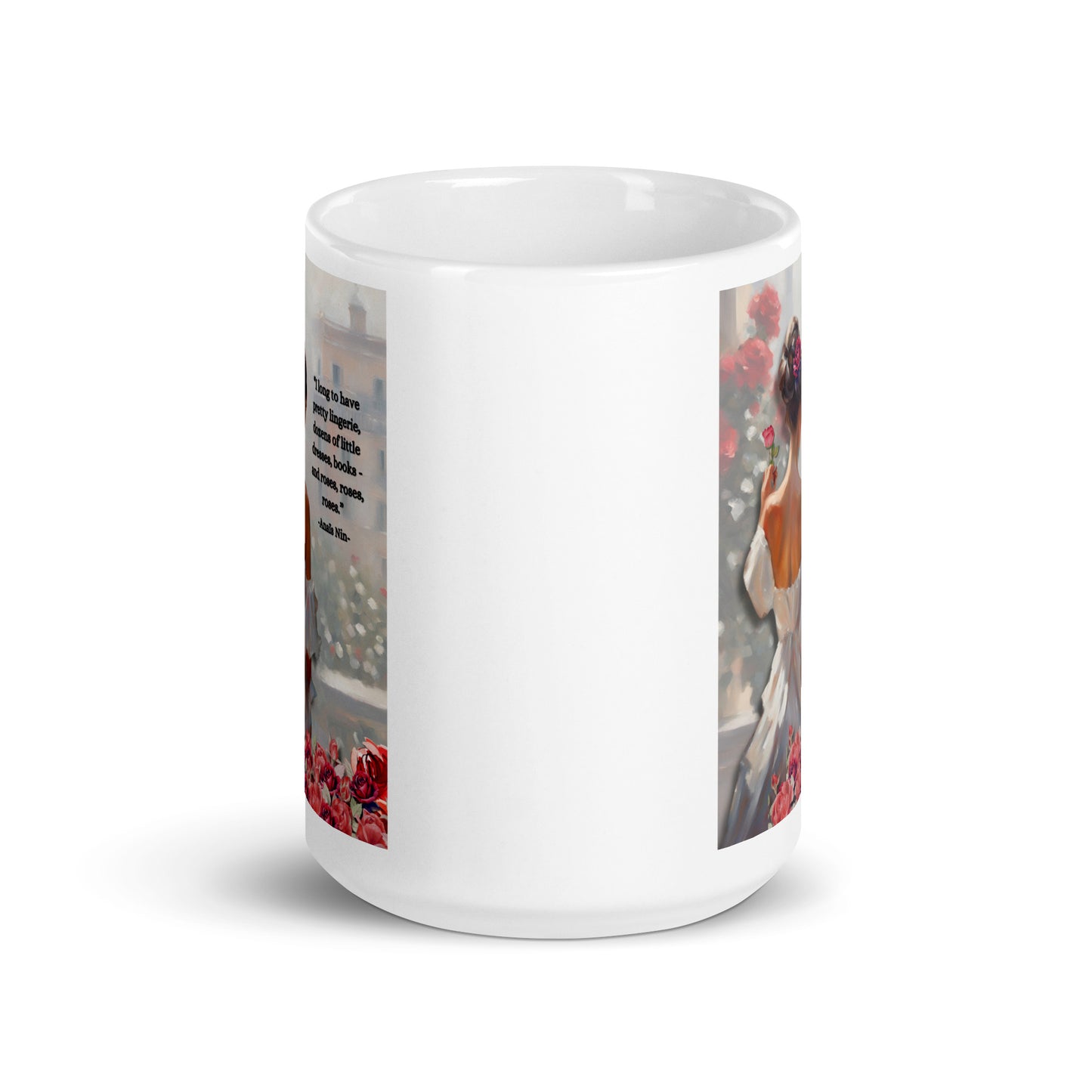 'Roses' white glossy mug with impressionist style artwork and quote by diarist Anaïs Nin