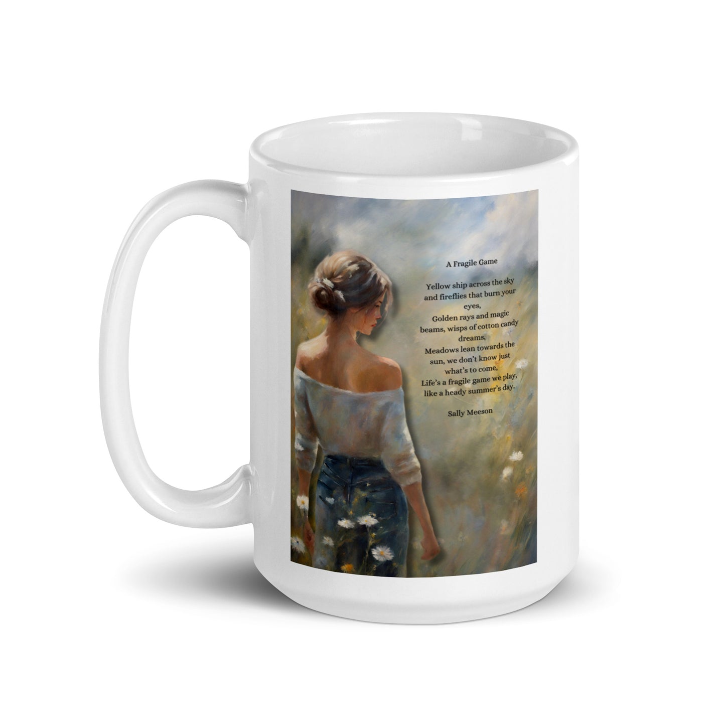 'A Fragile Game' white glossy mug with impressionist style artwork and original poem by writer Sally Meeson