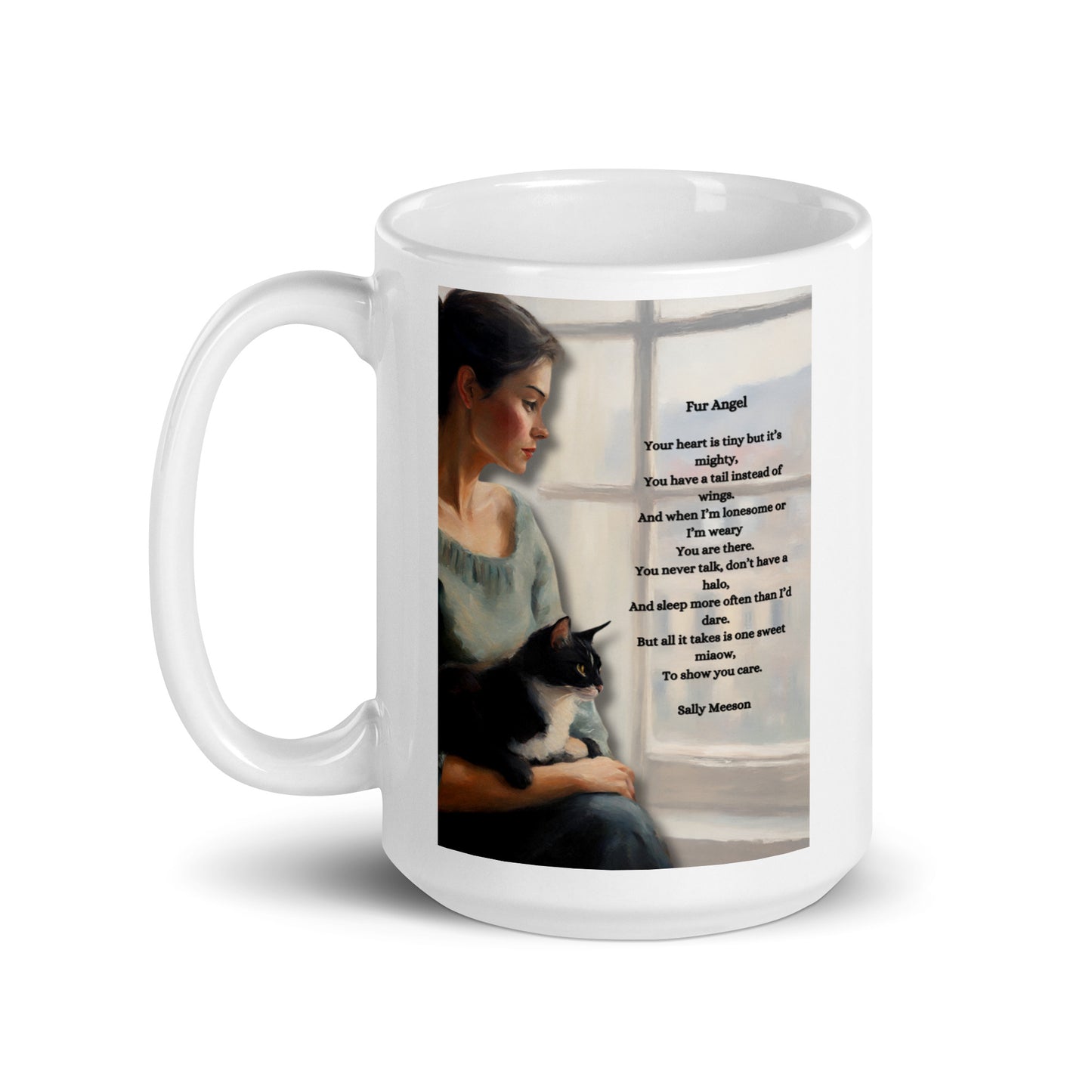 'Fur Angel' white glossy mug with impressionist oil style artwork and original poem by writer Sally Meeson