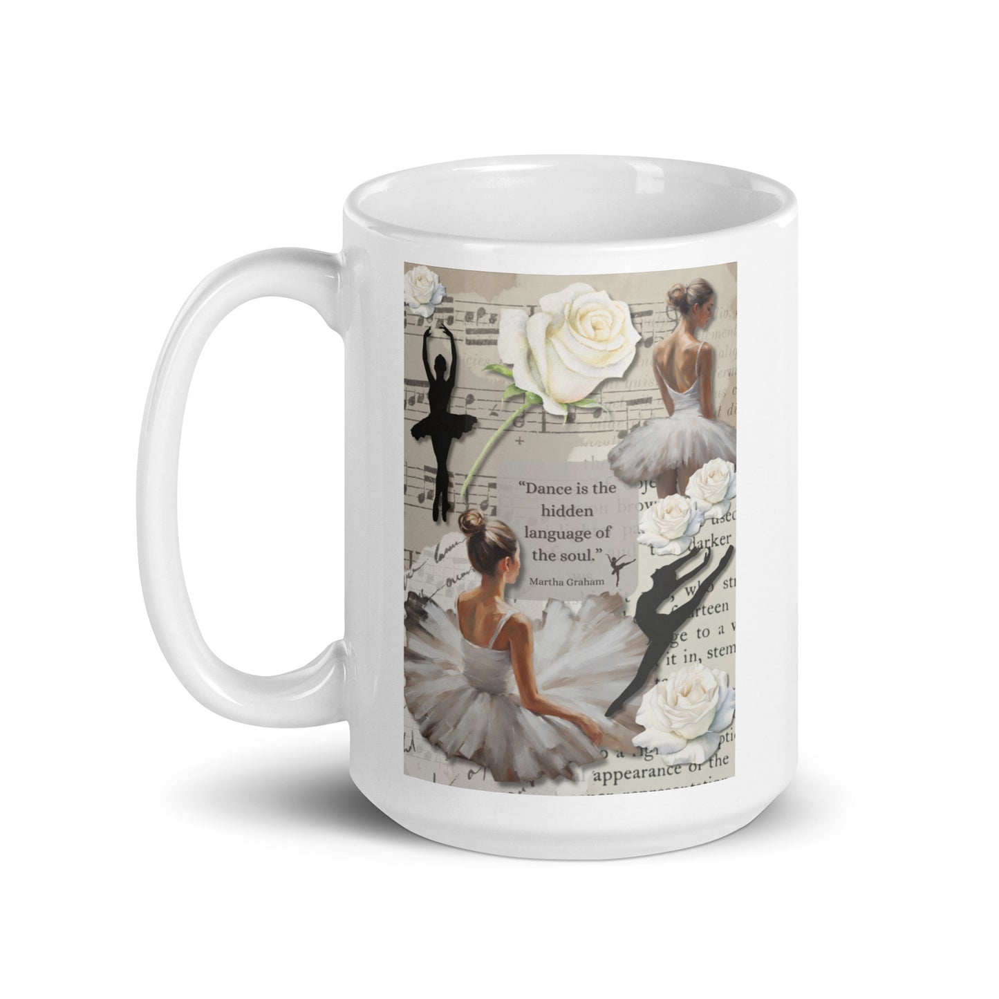 'Dance' white glossy mug with impressionist oil style artwork and quote from dancer Martha Graham