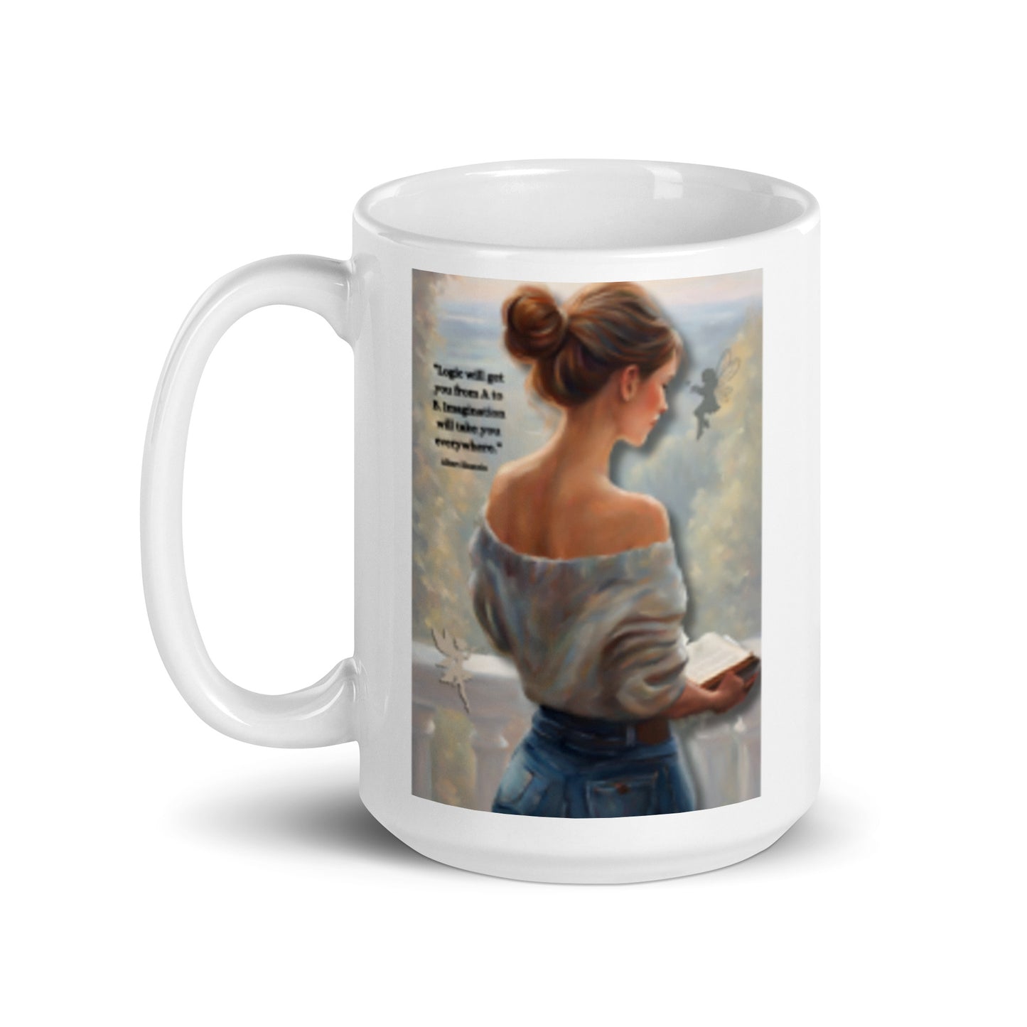 'Imagination' white glossy mug with impressionist oil style artwork and quote by Albert Einstein