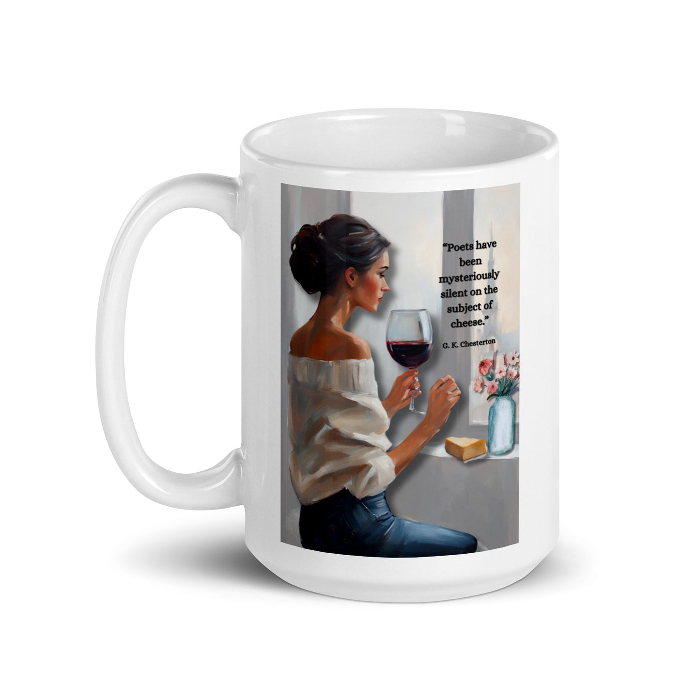 'Cheese' white glossy mug with impressionist style artwork and quote by author G.K. Chesterton