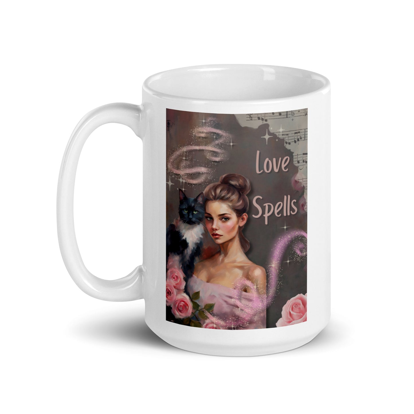 'Love Spells' white glossy mug with impressionist oil style artwork