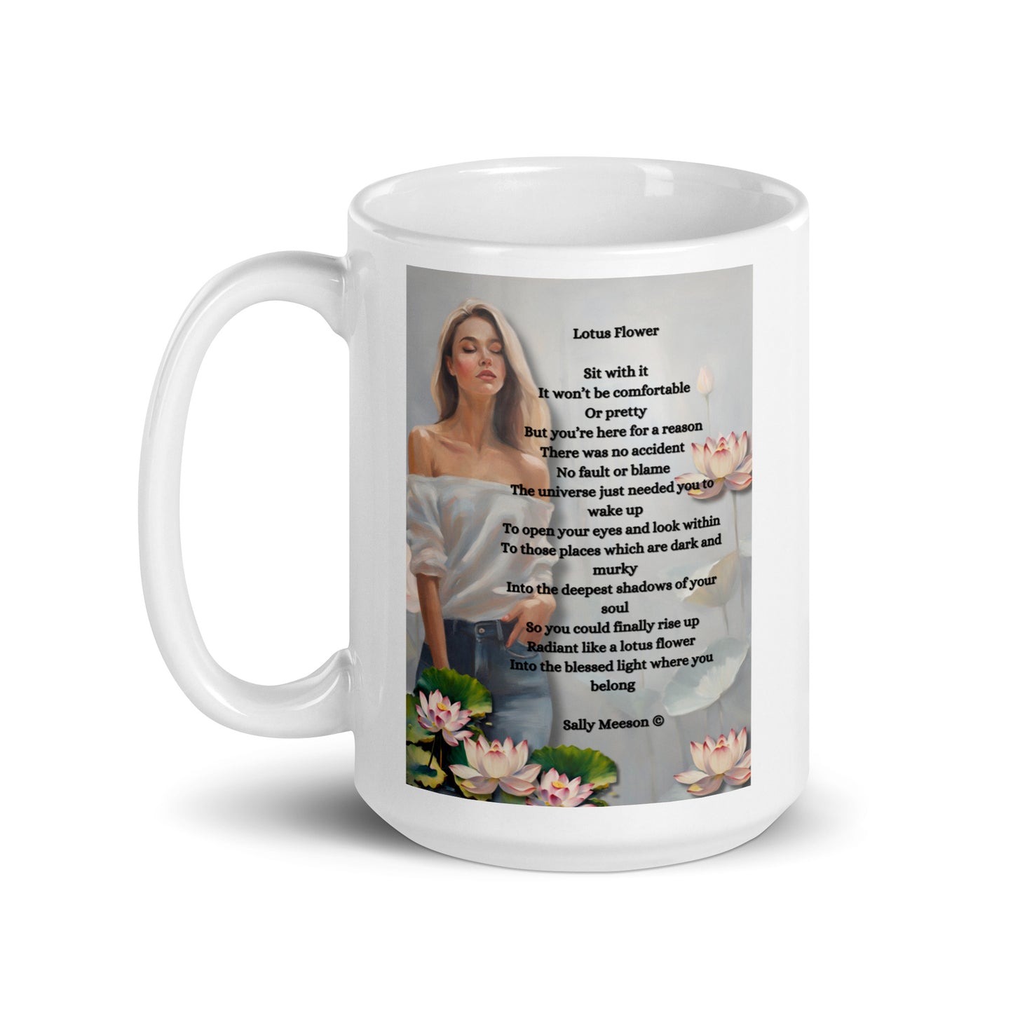 'Lotus Flower' white glossy mug with impressionist style artwork and original poem by writer Sally Meeson