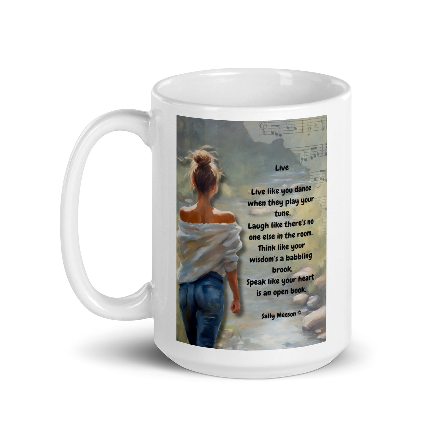 'Live' white glossy mug with impressionist oil style artwork and original poem by writer Sally Meeson