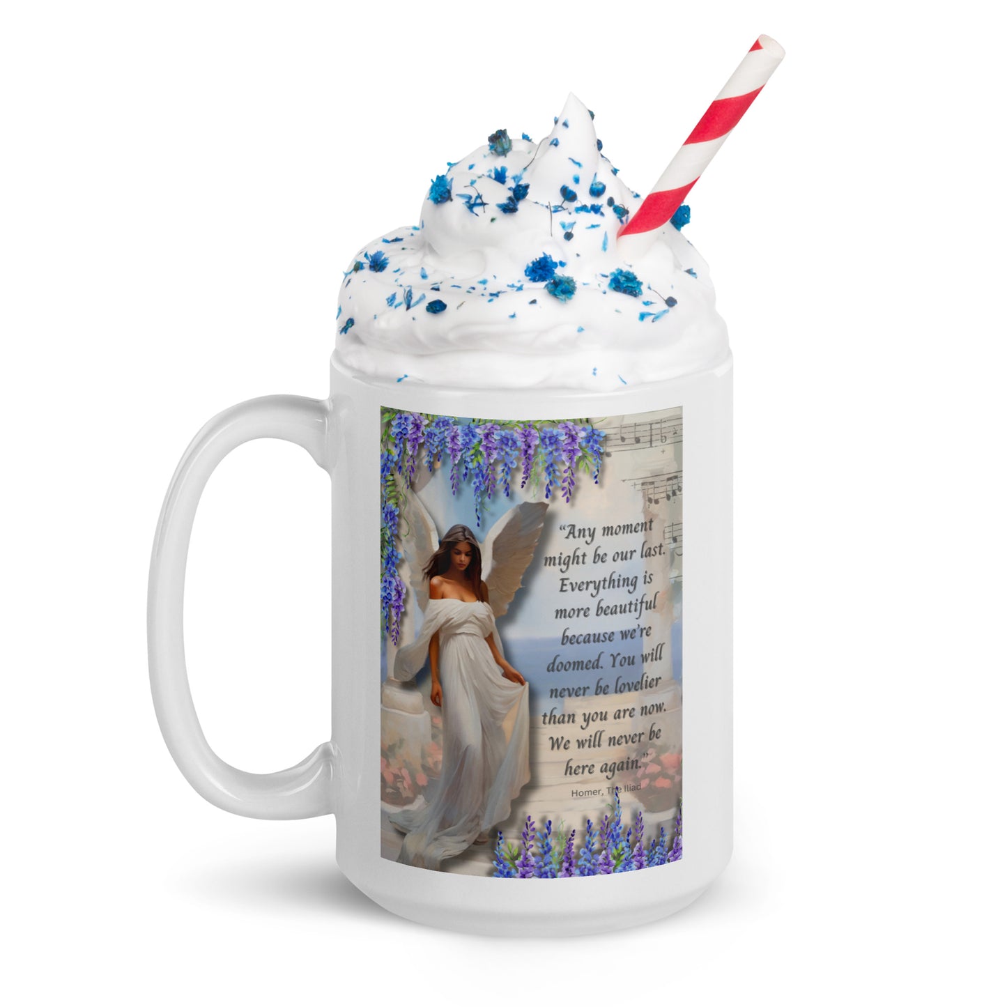 'Moments' white glossy mug with impressionist style artwork and quote from Homer's The Iliad