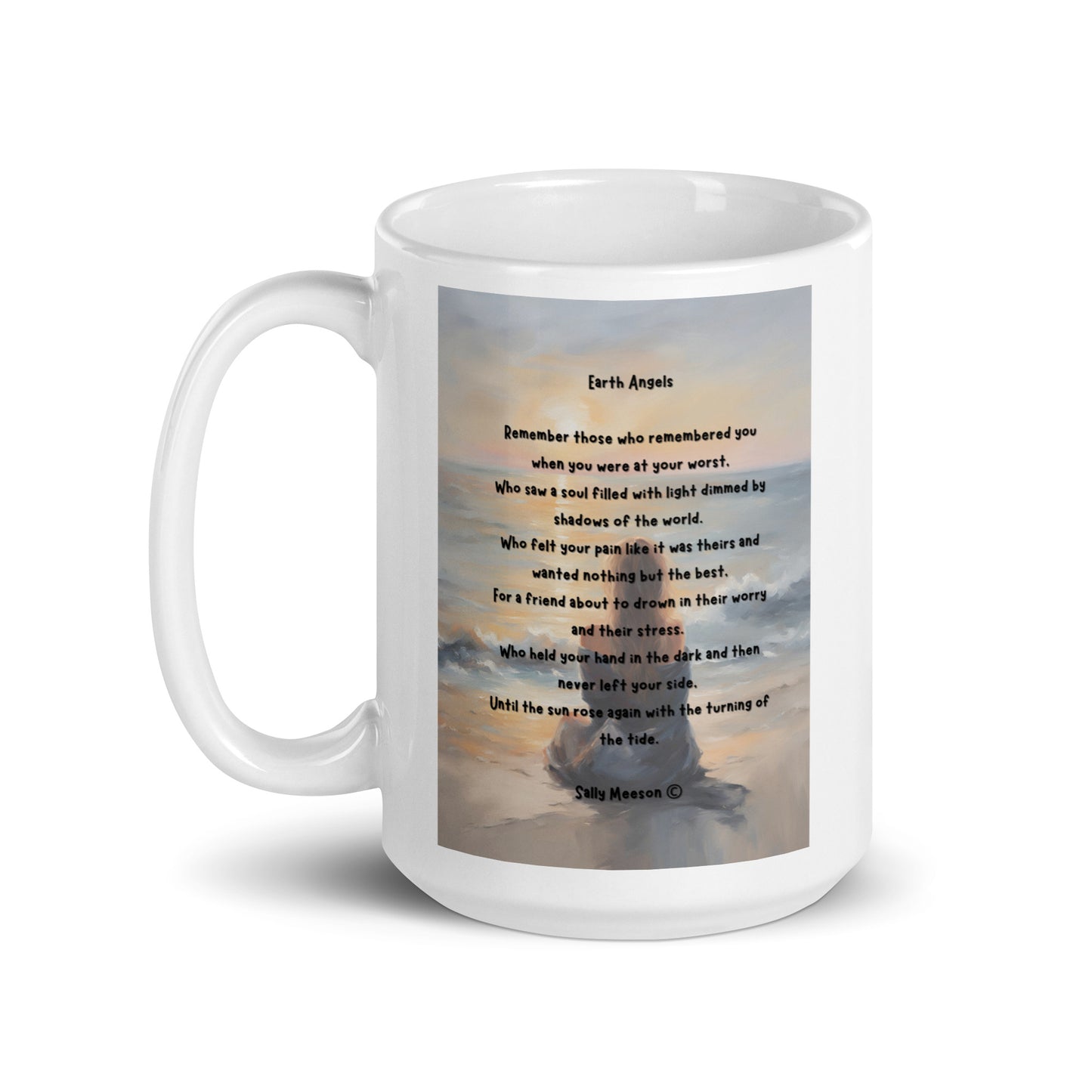 'Earth Angels' white glossy mug with impressionist oil style artwork and original poem by writer Sally Meeson