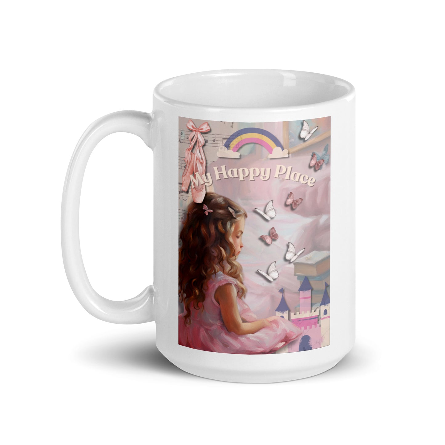 'My Happy Place' white glossy mug with pink impressionist oil style artwork