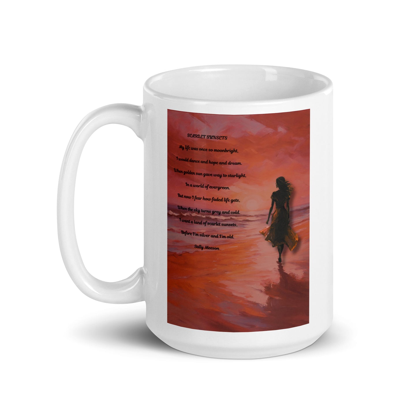 'Scarlet Sunsets' white glossy mug with impressionist style artwork and original poem by writer Sally Meeson