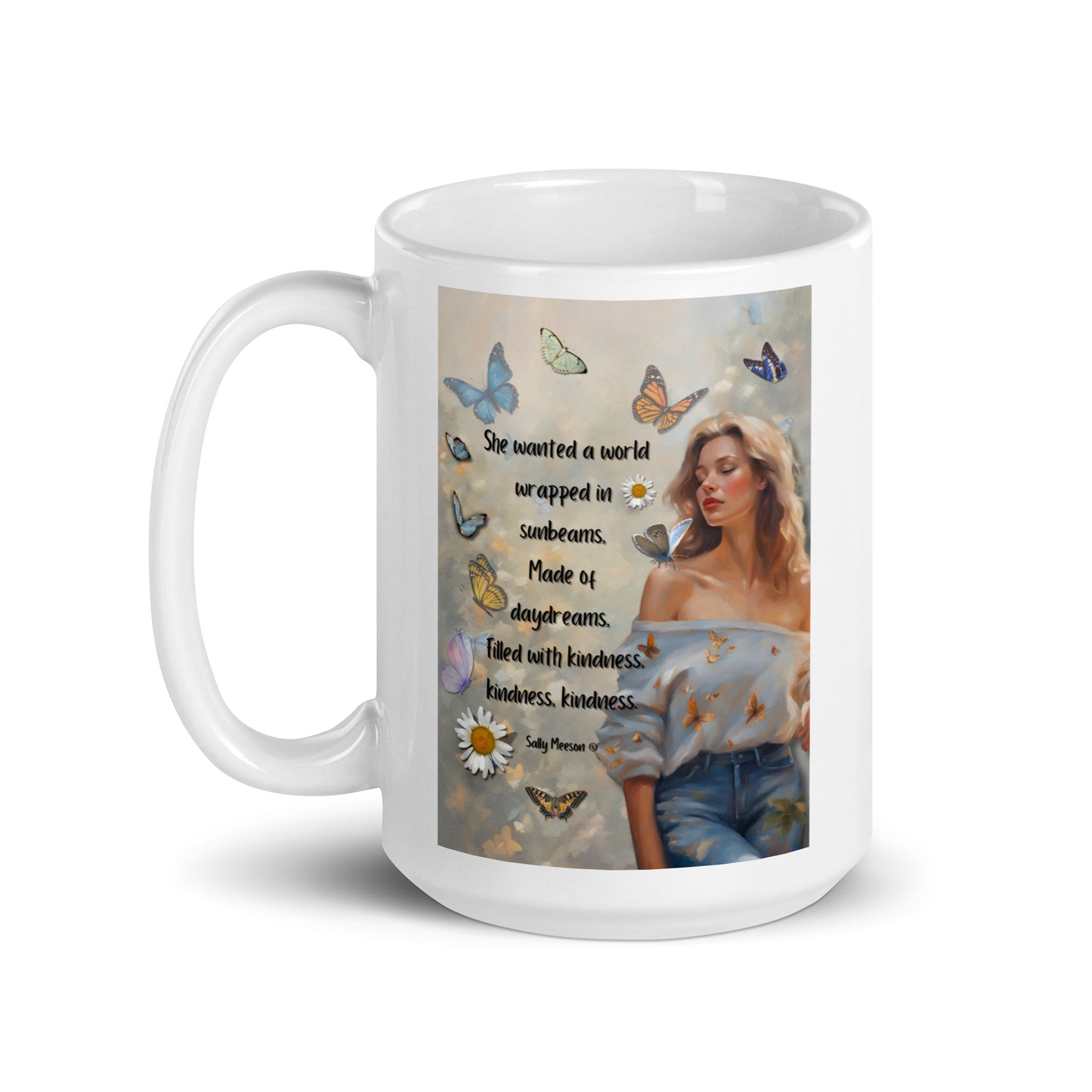 'Kindness' white glossy mug with impressionist oil style artwork and quote by writer Sally Meeson