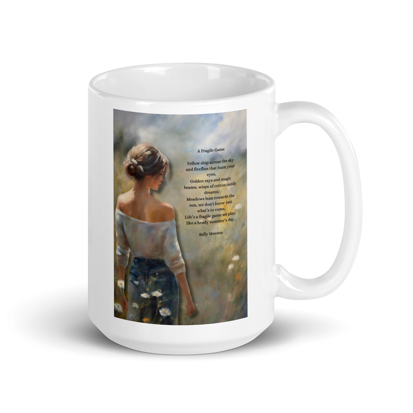 'A Fragile Game' white glossy mug with impressionist style artwork and original poem by writer Sally Meeson