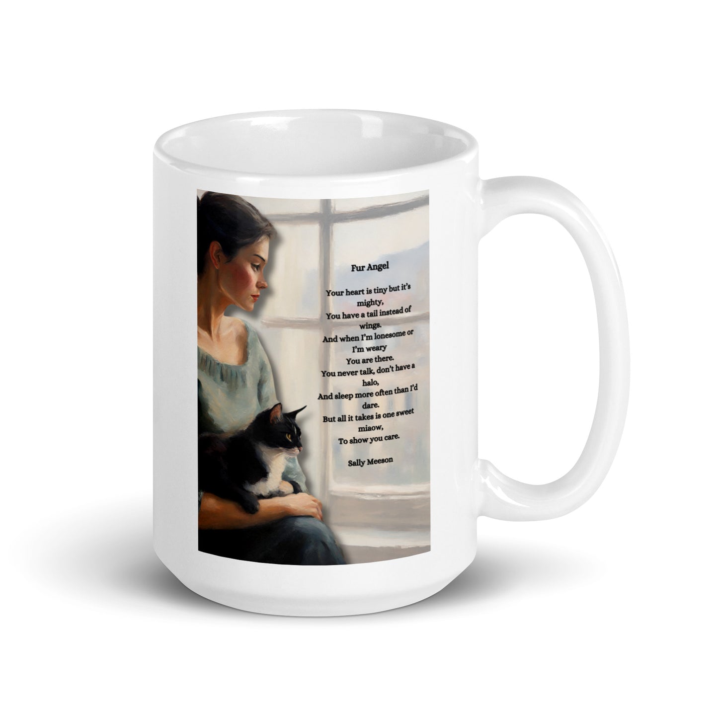 'Fur Angel' white glossy mug with impressionist oil style artwork and original poem by writer Sally Meeson