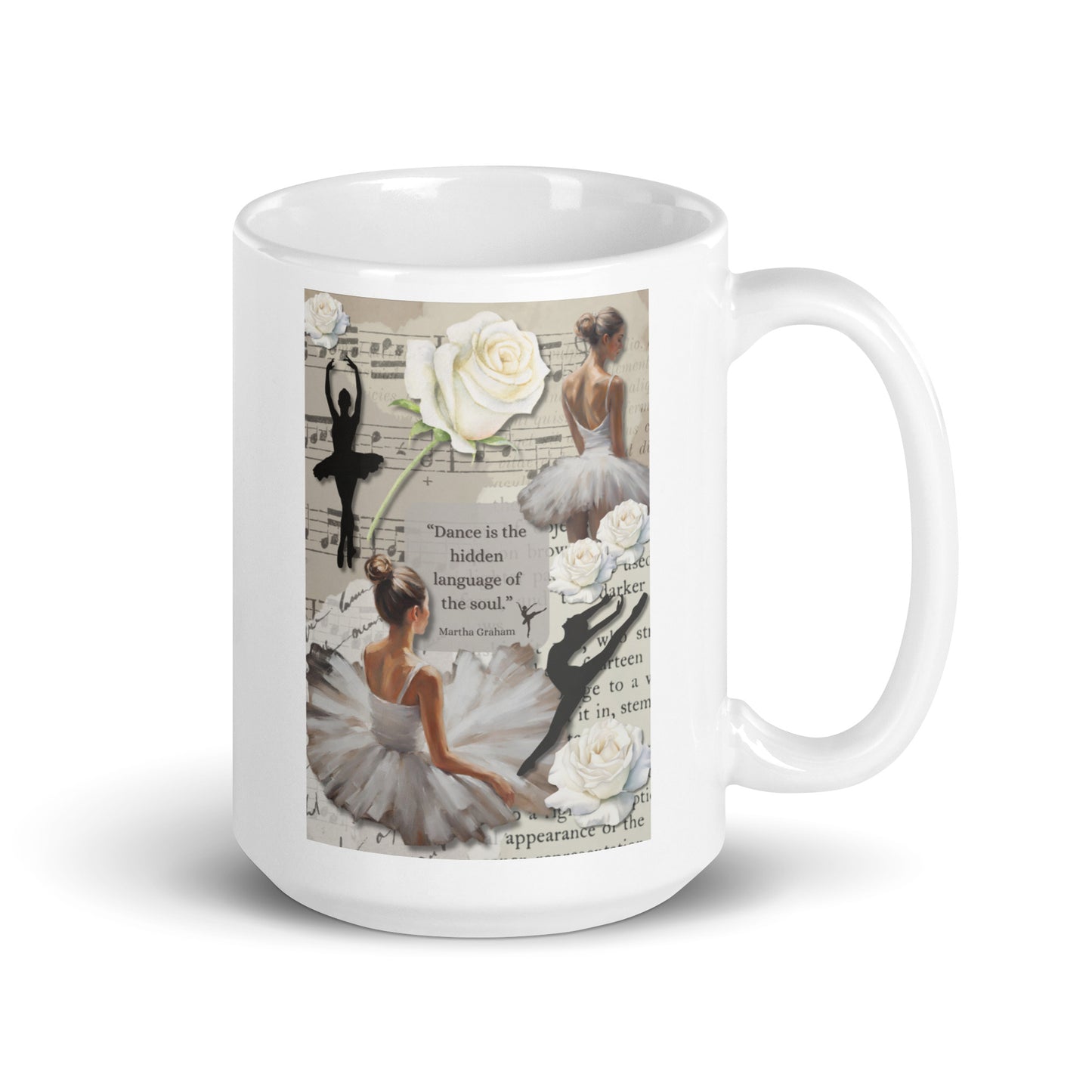 'Dance' white glossy mug with impressionist oil style artwork and quote from dancer Martha Graham