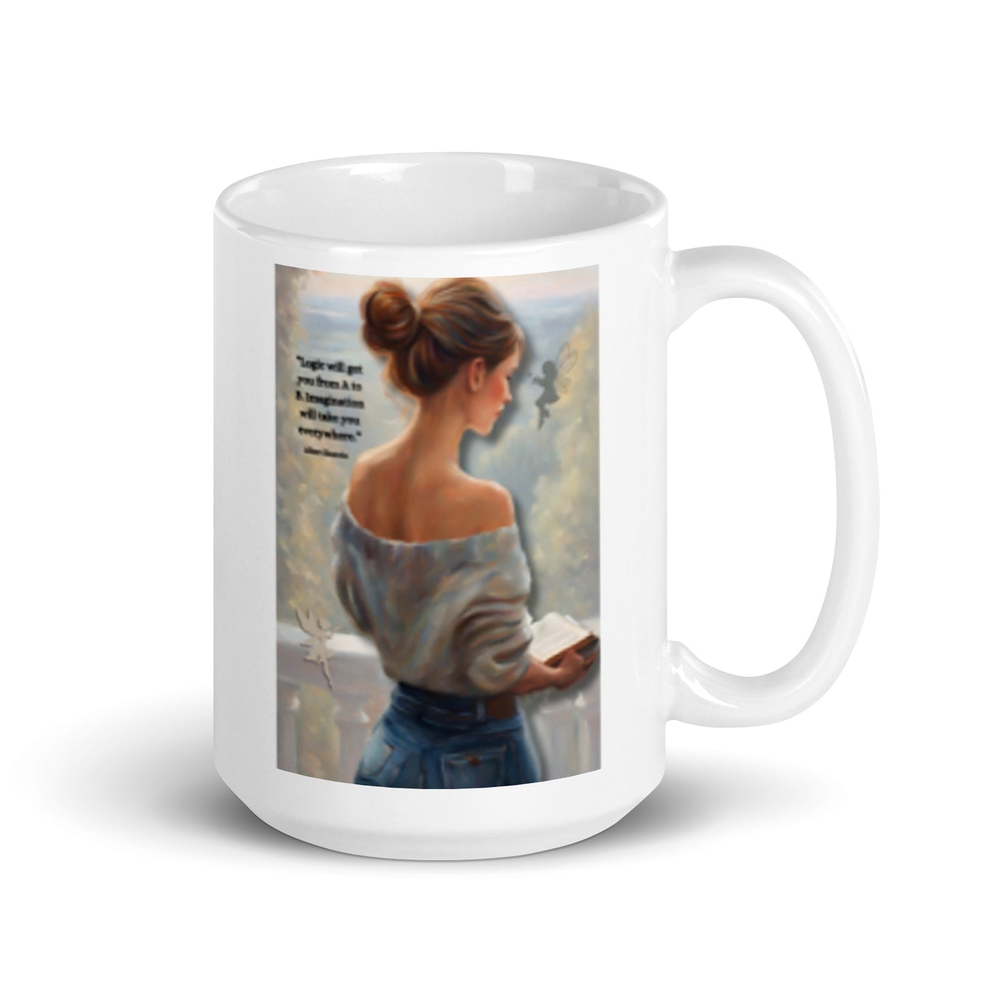 'Imagination' white glossy mug with impressionist oil style artwork and quote by Albert Einstein