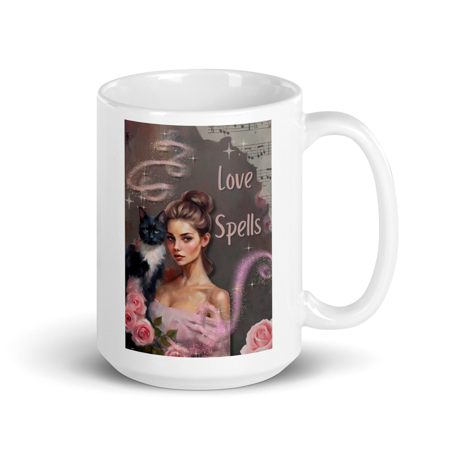 'Love Spells' white glossy mug with impressionist oil style artwork