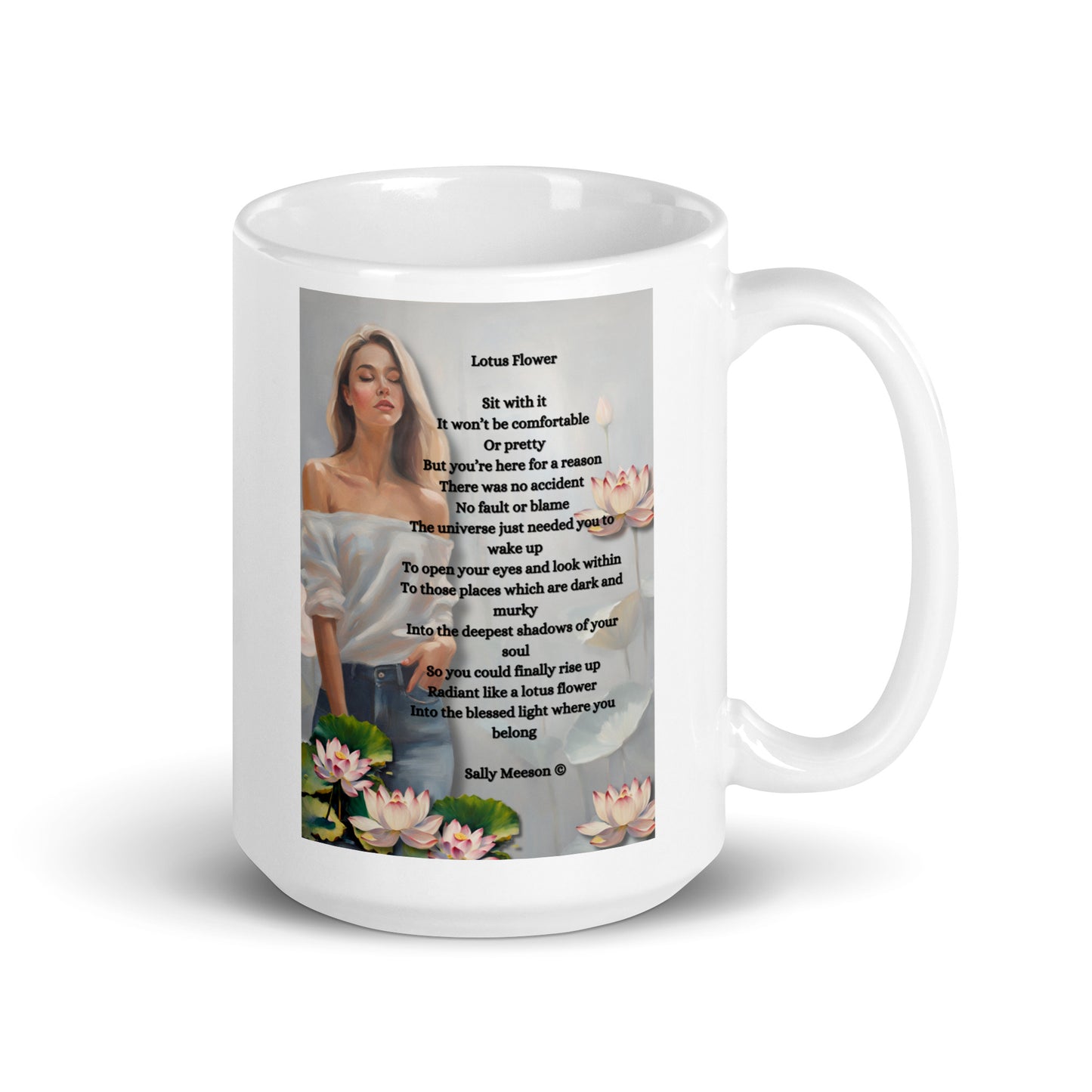 'Lotus Flower' white glossy mug with impressionist style artwork and original poem by writer Sally Meeson