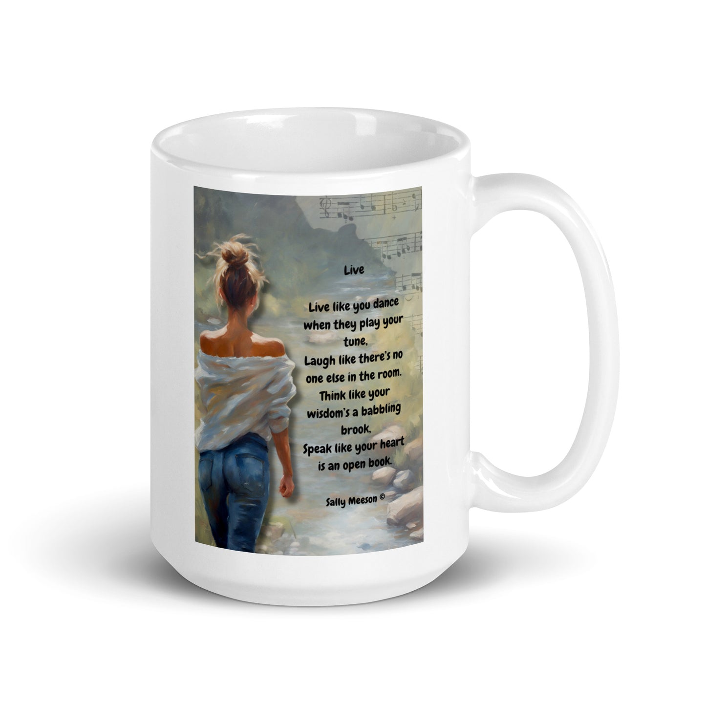 'Live' white glossy mug with impressionist oil style artwork and original poem by writer Sally Meeson