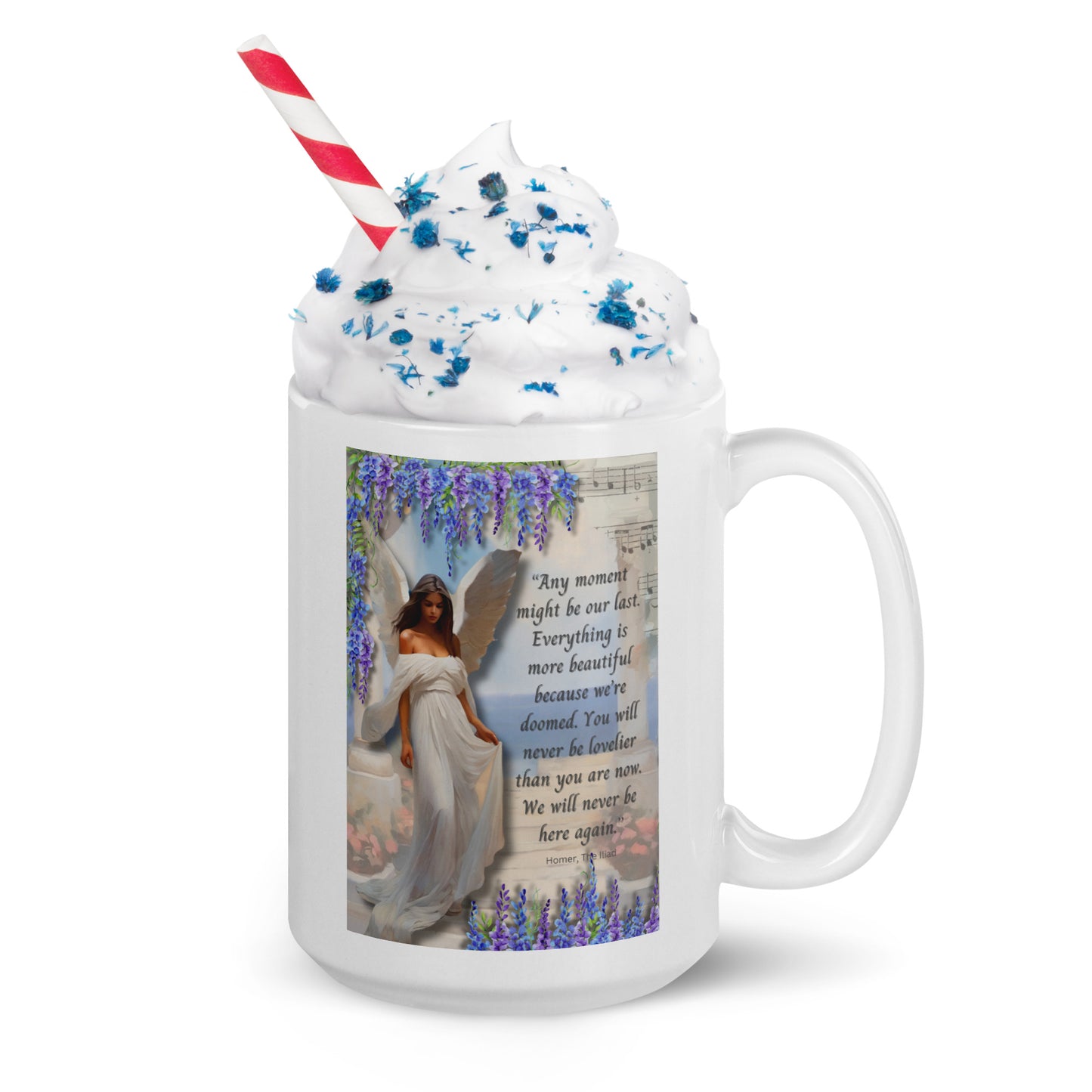 'Moments' white glossy mug with impressionist style artwork and quote from Homer's The Iliad